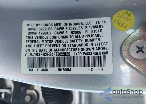 2015 Honda Civic Ex from USA, damaged, VIN 19XFB2F84FE022029